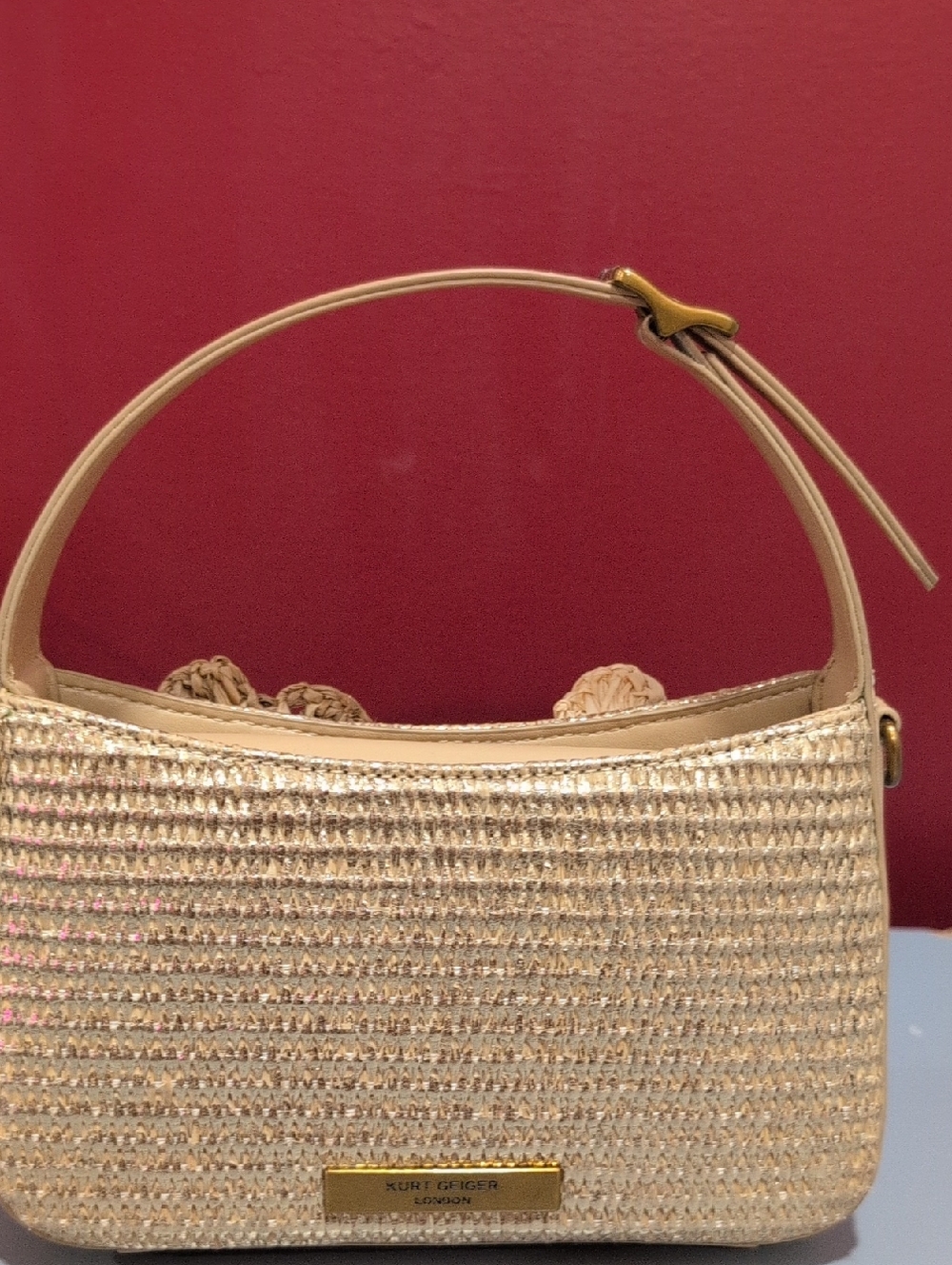 Kurt Geiger Beige Woven Mini Bag with Plum & Tan Floral Appliqués - Picture 2 of 4